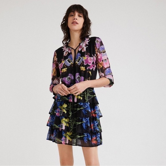 Desigual Dresses & Skirts - Desigual Lacroix Floral Knee Length Dress XS Multicolor Long Sleeve Ruffle